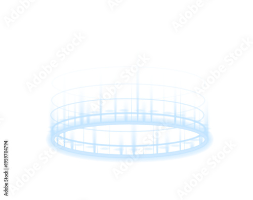 Glowing blue circular energy platform with neon light rays. Floating ring simulates teleportation portal effect. Ideal PNG for gaming and cyberpunk designs.