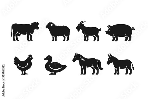 Silhouettes of Farm Animals Including Cow, Sheep, Goat, Pig, Chicken, Duck, Horse, and Donkey Representing Diverse Livestock Types in Agriculture