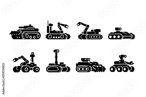 A Collection of Various Robotic Vehicles Showcasing Diverse Designs and Functions in a Series of Silhouetted Illustrations