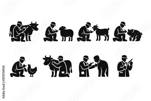 A Comprehensive Visual Guide to Veterinary Practices: Illustrated Steps for Vaccinating Various Farm Animals and Livestock by a Professional Veterinarian
