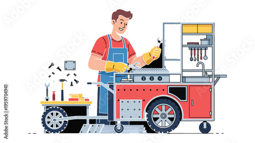 Mechanic Working on Cart: A skilled mechanic meticulously repairs a mobile cart with a set of tools in a workshop, focusing on the details of his craft.