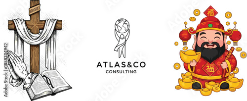 Diverse vector set featuring Christian religious symbols corporate business consulting logo and traditional Chinese God of Wealth character for global cultural and spiritual design.