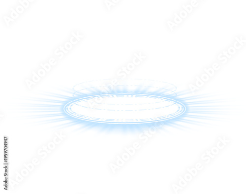 Futuristic blue circle platform with radiant neon glow. Holographic ring simulates teleportation energy effect. Ideal PNG for gaming scenes and sci-fi compositions.