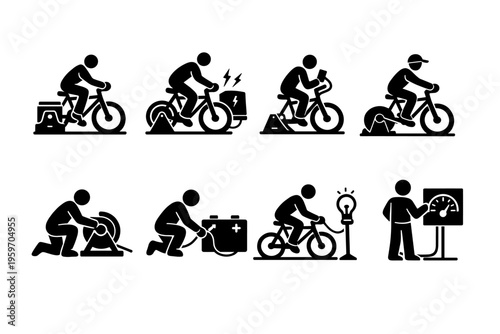 A Series of Illustrations Depicting Various Bicycle and Mechanical Activities Involving Repair, Maintenance, and Energy Generation Techniques