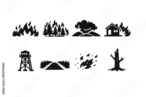Illustration Depicting Various Phases and Consequences of Wildfires, Including Flames, Forests, Smoke, and Impacted Structures
