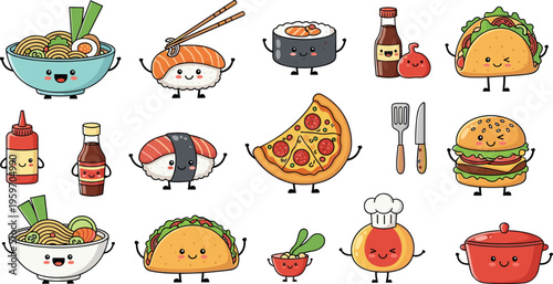 Cute fast food characters set with burger pizza sushi ramen taco and kitchen items cartoon vector collection