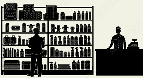 Man buys cleaning supplies from store shelf with cashier