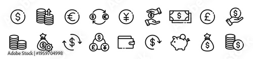 Currency and business finance line icon set. Minimalist money exchange, wallet, cash, transactions, and global investment-related symbols for banking apps and websites. Editable vector stroke