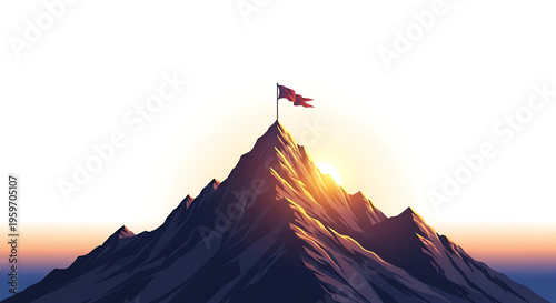 A vector graphic illustration of a mountain peak with a flag at sunrise