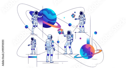 Astronauts in spacesuits explore and interact with colorful planets and celestial bodies in a vibrant, cartoon-style galaxy illustration