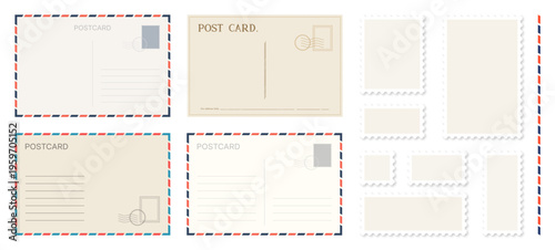 Old retro postcard and postage collection with address line and stamps. Blank vintage air mail envelopes, minimalist stationery templates, frames, and space for text. Vector transparent illustration