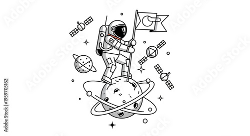 An astronaut in a spacesuit stands on a planet with a ring, surrounded by stars, planets, and a flag on International Day of Human Space Flight