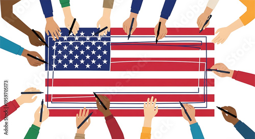 A diverse group of people collaboratively signing a large American flag with pens