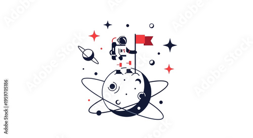 A cute astronaut character standing on the moon with a red flag, surrounded by colorful stars and planets in a vibrant galaxy illustration