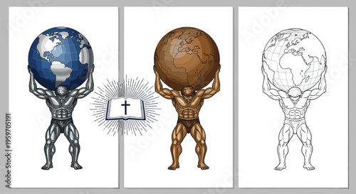 Atlas mythological titan carrying the globe in metallic bronze and line art styles with a holy Bible icon for strength responsibility and religious conceptual design.