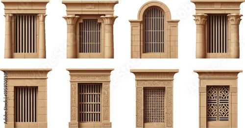 Eight classical architectural window frames featuring various stone designs and intricate grates ideal for historical projects or game development isolated on white background