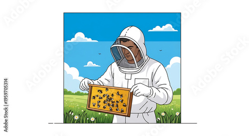 A beekeeper in a white protective suit holds a honeycomb frame with bees in a sunny field