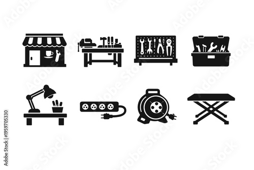 A Comprehensive Collection of Essential Tools, Equipment, and Workspace Icons Featuring a Workshop, Tools, Lighting, and Power Sources