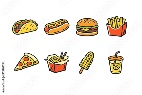 A Vibrant Array of Fast Food Icons Showcasing Popular Snacks and Meals, Including Tacos, Hotdogs, Burgers, Fries, Pizza, Noodles, Corn, and Drinks