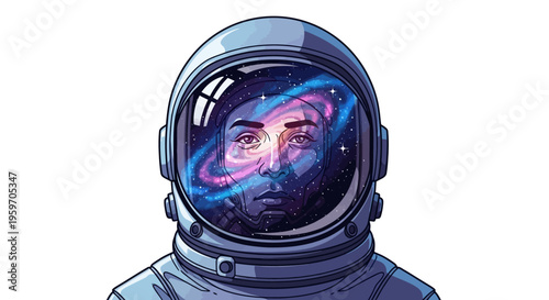 An astronaut in a space suit with a galaxy reflection in the helmet visor on International Day of Human Space Flight