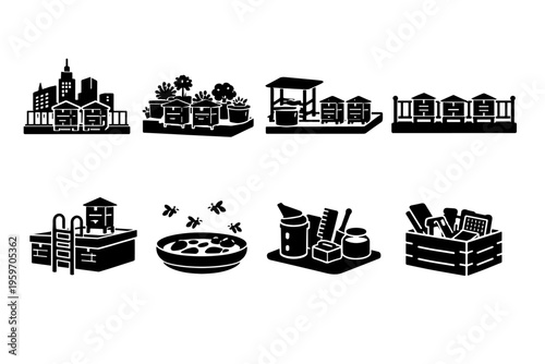 A Collection of Urban Agricultural Elements: Gardens, Beehives, Water Features, and Sustainable Practices in Modern Cityscapes