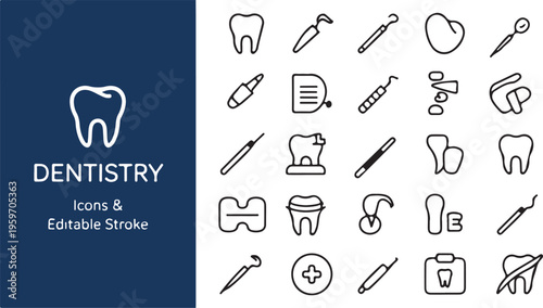 Dentistry icons collection vector set medical clinic dental care symbols editable stroke