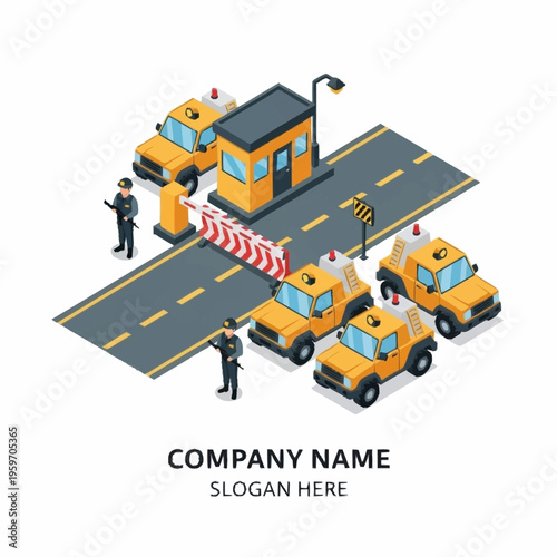 Isometric illustration of a toll booth with security guards and vehicles on a highway, representing a checkpoint or border crossing.