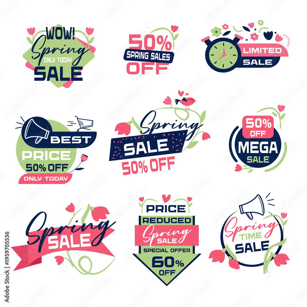 Fototapeta premium Spring discount vector badge in pastel style illustration. Green and pink colors. Floral offer and leaf promotion create fresh savings look. Ideal for spring promo banners