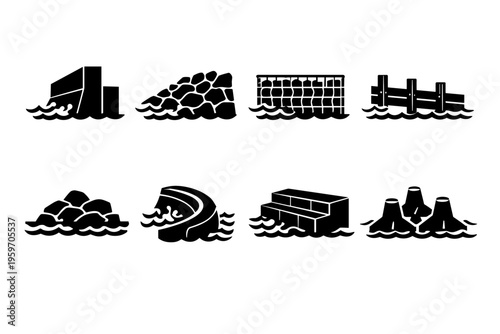 Stylized Illustrations of Various Coastal Structures and Natural Formations Depicted in Black Against a White Background, Conveying the Essence of Maritime Environments