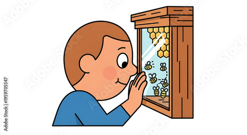 A curious boy looking at bees in a beehive with honeycombs
