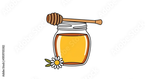 A vector graphic illustration of a honey jar with a dipper and a flower, symbolizing natural sweetness and healthy living.