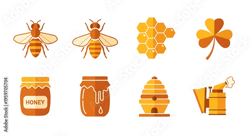 A set of flat vector icons depicting bees, honey, and beehives in a warm color scheme.