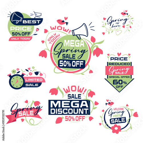 Spring discount vector badge in pastel style illustration. Green and pink colors. Floral offer and leaf promotion create fresh savings look. Ideal for spring promo banners