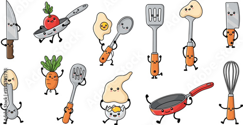 Cute kitchen utensils characters set with knives spatula whisk pan vegetables and cooking tools cartoon vector collection