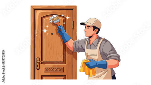 Door Cleaning: A person is cleaning door with brush, wearing gloves, in hand hold cloth, door has lock.