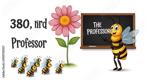A cartoon bee professor teaching in front of a blackboard with a flower and other bees