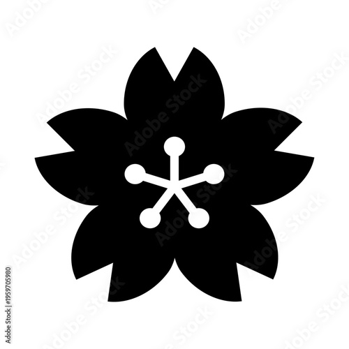 桜の花シルエットアイコン おしべ付きサクラフラットデザイン 春の植物ベクター素材 / Sakura flower silhouette icon with stamens simple vector
