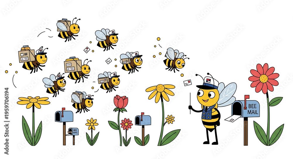 Obraz premium A cheerful cartoon bee in a postal worker uniform delivers mail among colorful flowers and mailboxes