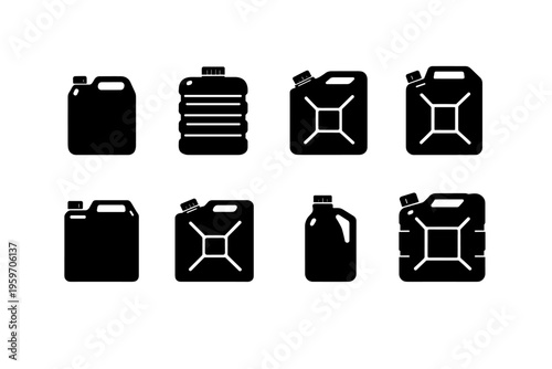 Collection of Black Silhouette Containers: Various Shapes and Sizes of Jugs, Cans, and Bottles for Storage or Transporting Liquids