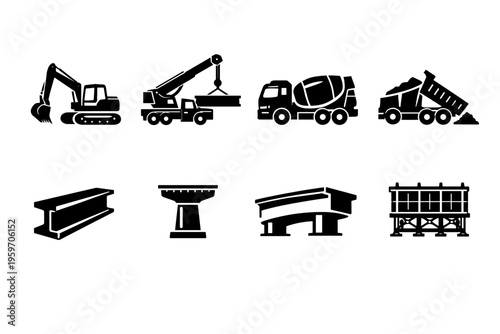 An Array of Construction Machinery and Equipment Including Excavators, Cranes, Concrete Mixers, and Structural Components Representing Modern Engineering