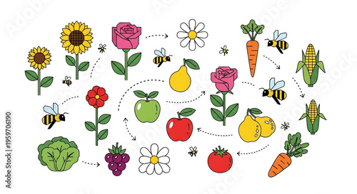 A colorful vector graphic illustrating the pollination process with bees and various flowers and fruits
