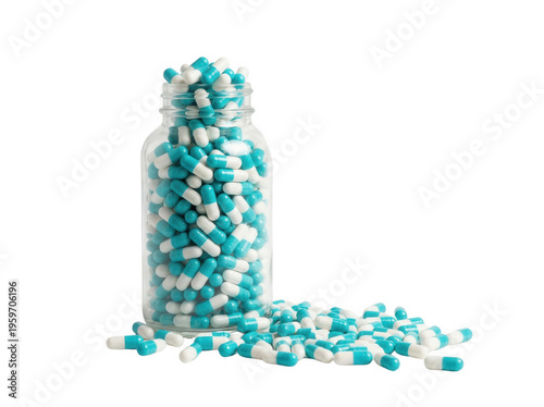 Blue and white capsules in a clear bottle isolated, medication pills for healthcare and pharmaceutical use on no background