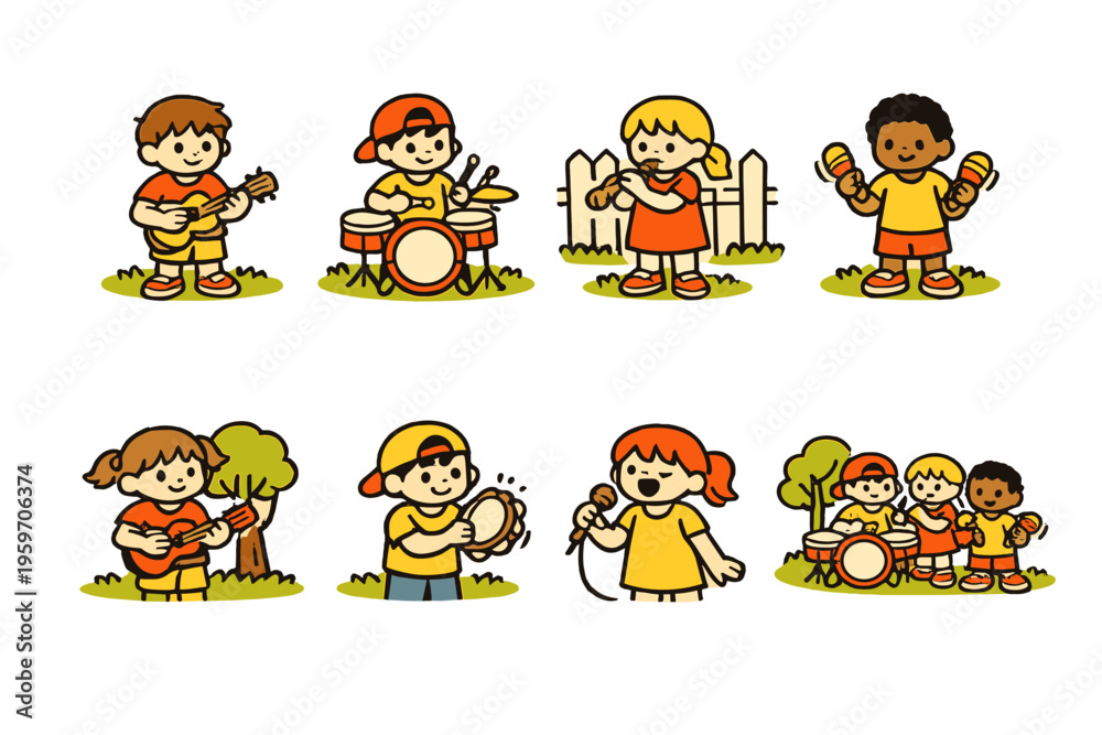 Naklejka premium A Colorful Collection of Cartoon Children Engaged in Musical Activities with Instruments in a Cheerful Outdoor Setting