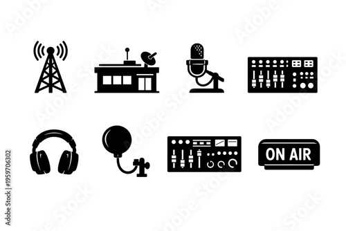 Illustration of Radio Broadcasting Equipment Including Antennas, Microphones, Headphones and Control Panels Representing Communication Technology