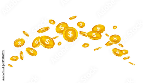 Realistic gold coin explosion or splash on transparent Background. Flying dollar coins financial success concept design. gold coins burst and explode wealth, jackpot, treasure, and finance concept