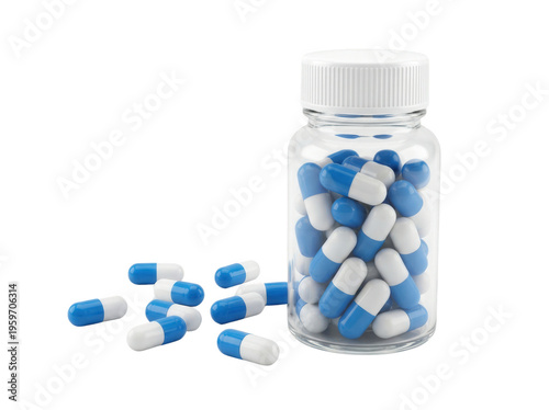 Blue and white capsules in a clear bottle isolated, medication pills for healthcare and pharmaceutical use on no background