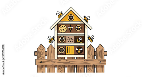 A colorful vector illustration of a bee hotel with bees flying around it, set against a white background.