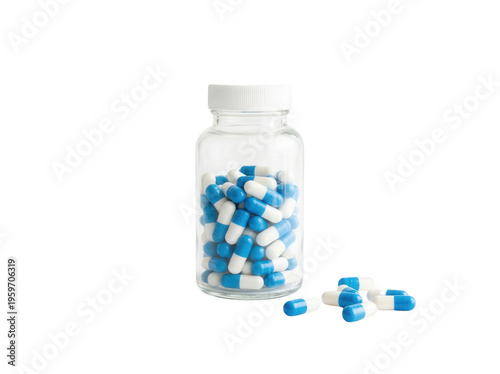 Blue and white capsules in a clear bottle isolated, medication pills for healthcare and pharmaceutical use on no background