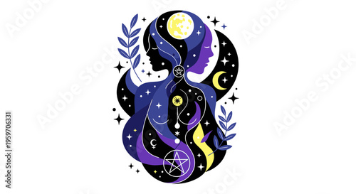 Celestial woman with moon stars and cosmic elements.