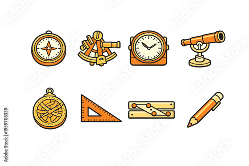 A Collection of Classic Scientific Instruments Featuring a Compass, Telescope, Sundial, and More for Educational and Historical Exploration